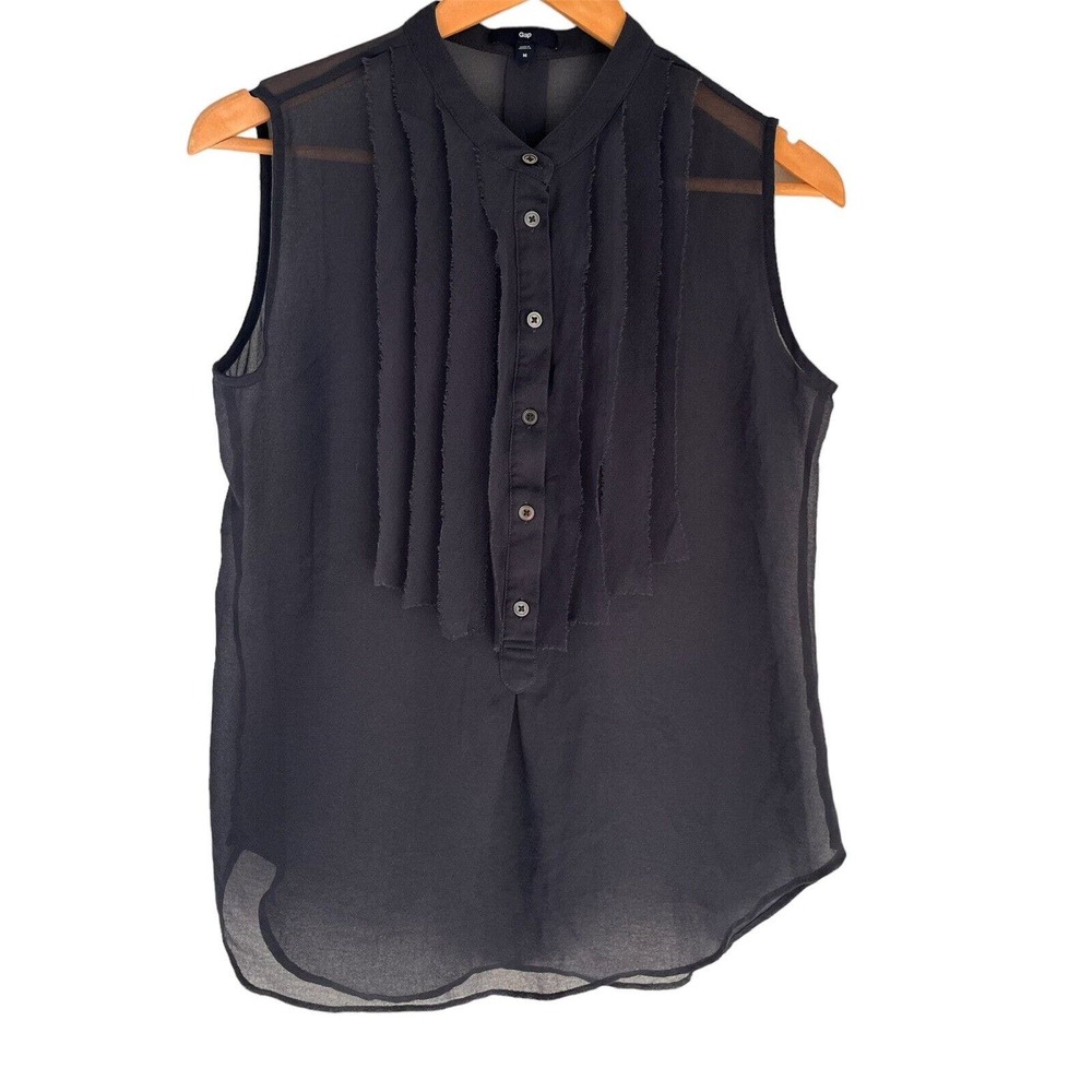 Gap Womens Sleeveless Chiffon Ruffle Front Black Blouse Size Medium